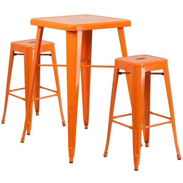 Orange |#| 23.75inch Square Orange Metal Bar Table Set with 2 Square Seat Backless Stools