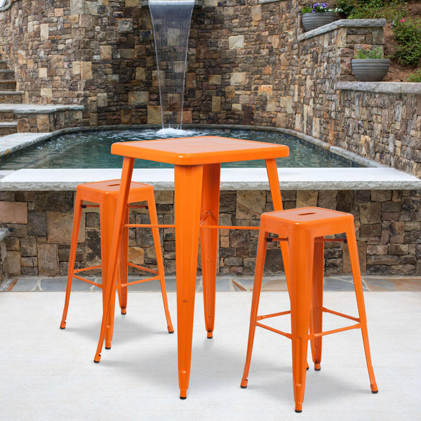 Orange |#| 23.75inch Square Orange Metal Bar Table Set with 2 Square Seat Backless Stools