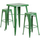 Green |#| 23.75inch Square Green Metal Bar Table Set with 2 Square Seat Backless Stools
