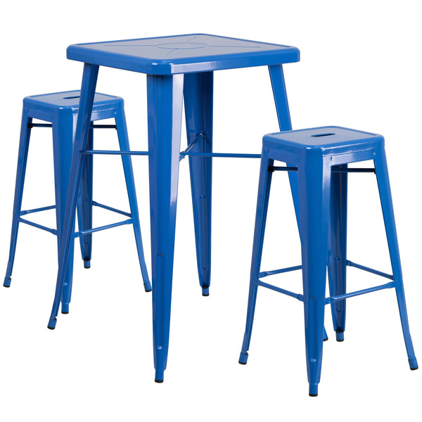 Blue |#| 23.75inch Square Blue Metal Bar Table Set with 2 Square Seat Backless Stools