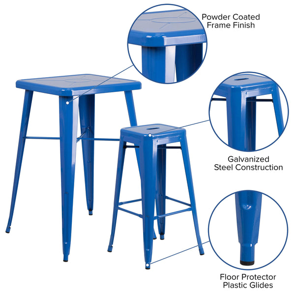 Blue |#| 23.75inch Square Blue Metal Bar Table Set with 2 Square Seat Backless Stools