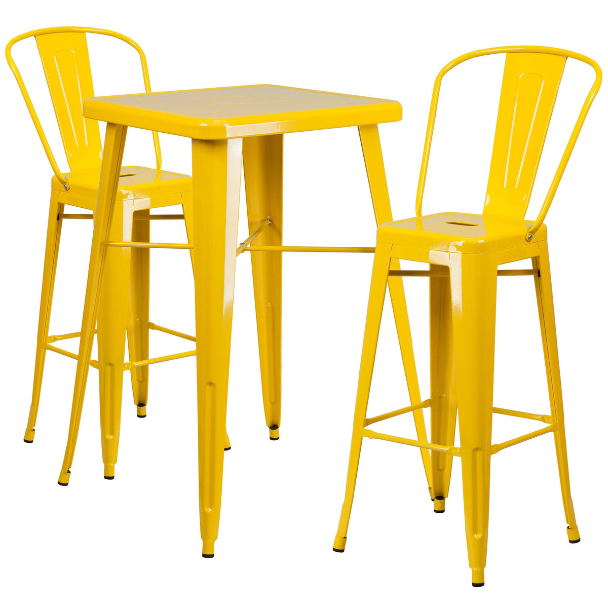 Yellow |#| 23.75inch Square Yellow Metal Indoor-Outdoor Bar Table Set w/ 2 Stools with Backs