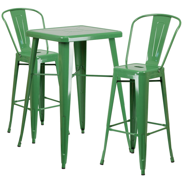Green |#| 23.75inch Square Green Metal Indoor-Outdoor Bar Table Set with 2 Stools with Backs