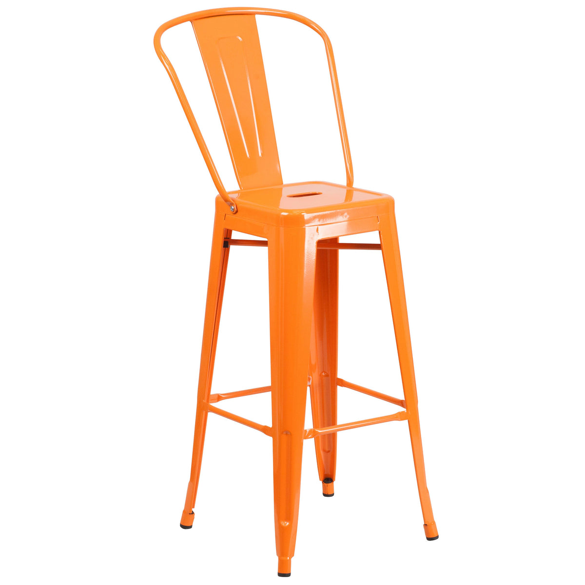 Orange |#| 23.75inch Square Orange Metal Indoor-Outdoor Bar Table Set w/ 2 Stools with Backs