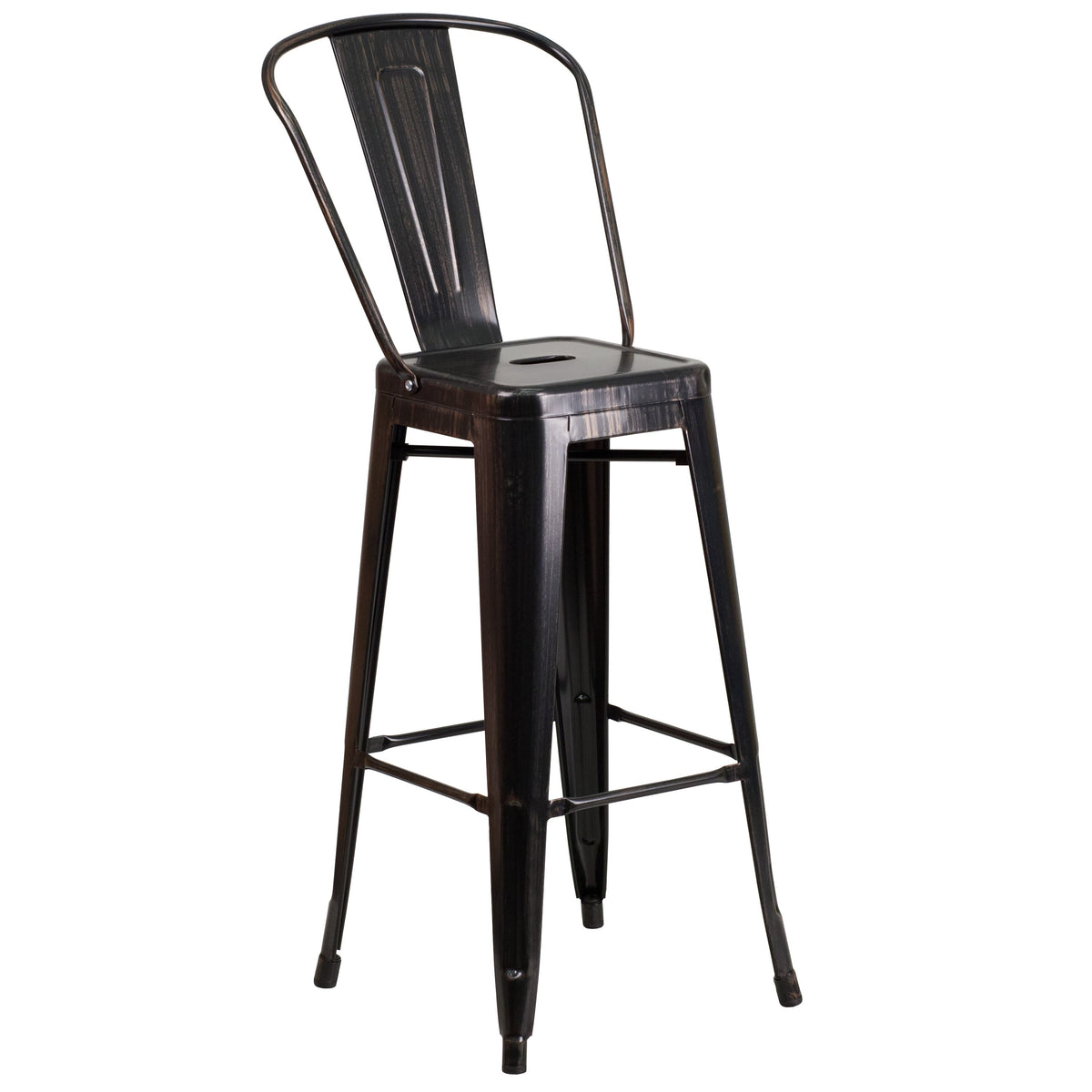 Black-Antique Gold |#| 23.75inch Square Black-Antique Gold Metal Bar Table Set with 2 Stools with Backs