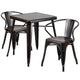 Black-Antique Gold |#| 23.75inch Square Black - Gold Metal Indoor-Outdoor Table Set with 2 Arm Chairs