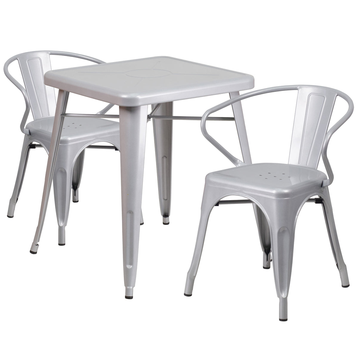 Silver |#| 23.75inch Square Silver Metal Indoor-Outdoor Table Set with 2 Arm Chairs