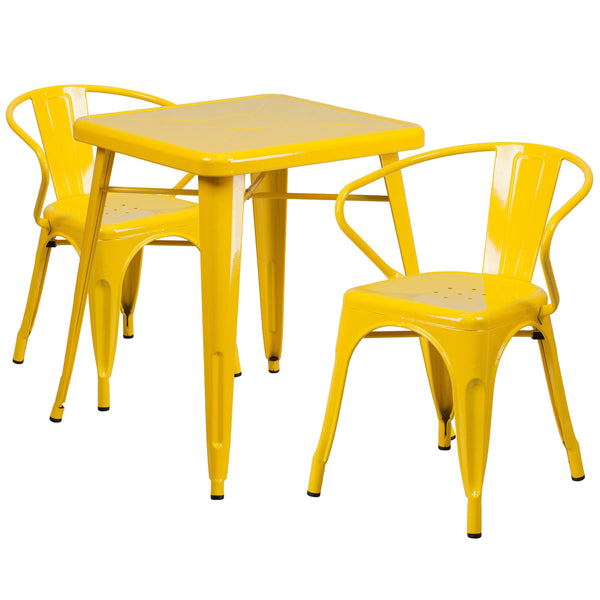 Yellow |#| 23.75inch Square Yellow Metal Indoor-Outdoor Table Set with 2 Arm Chairs