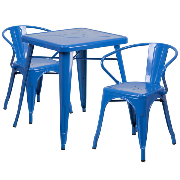 Blue |#| 23.75inch Square Blue Metal Indoor-Outdoor Table Set with 2 Arm Chairs
