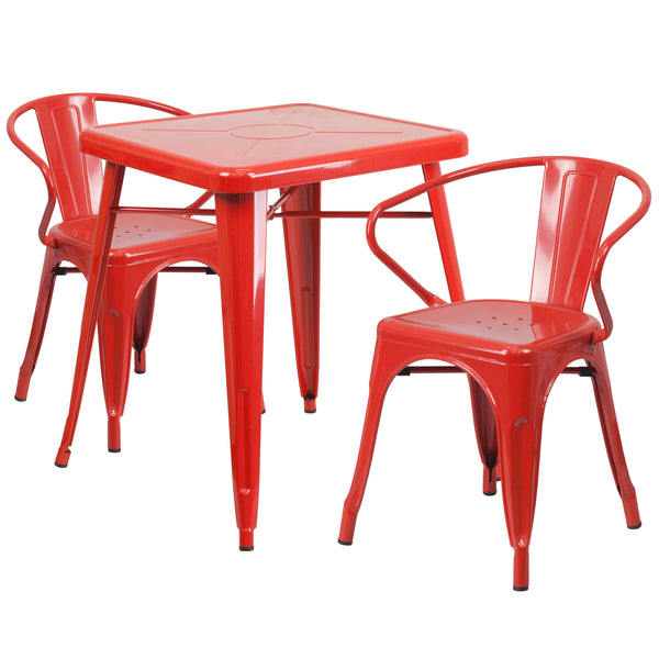 Red |#| 23.75inch Square Red Metal Indoor-Outdoor Table Set with 2 Arm Chairs