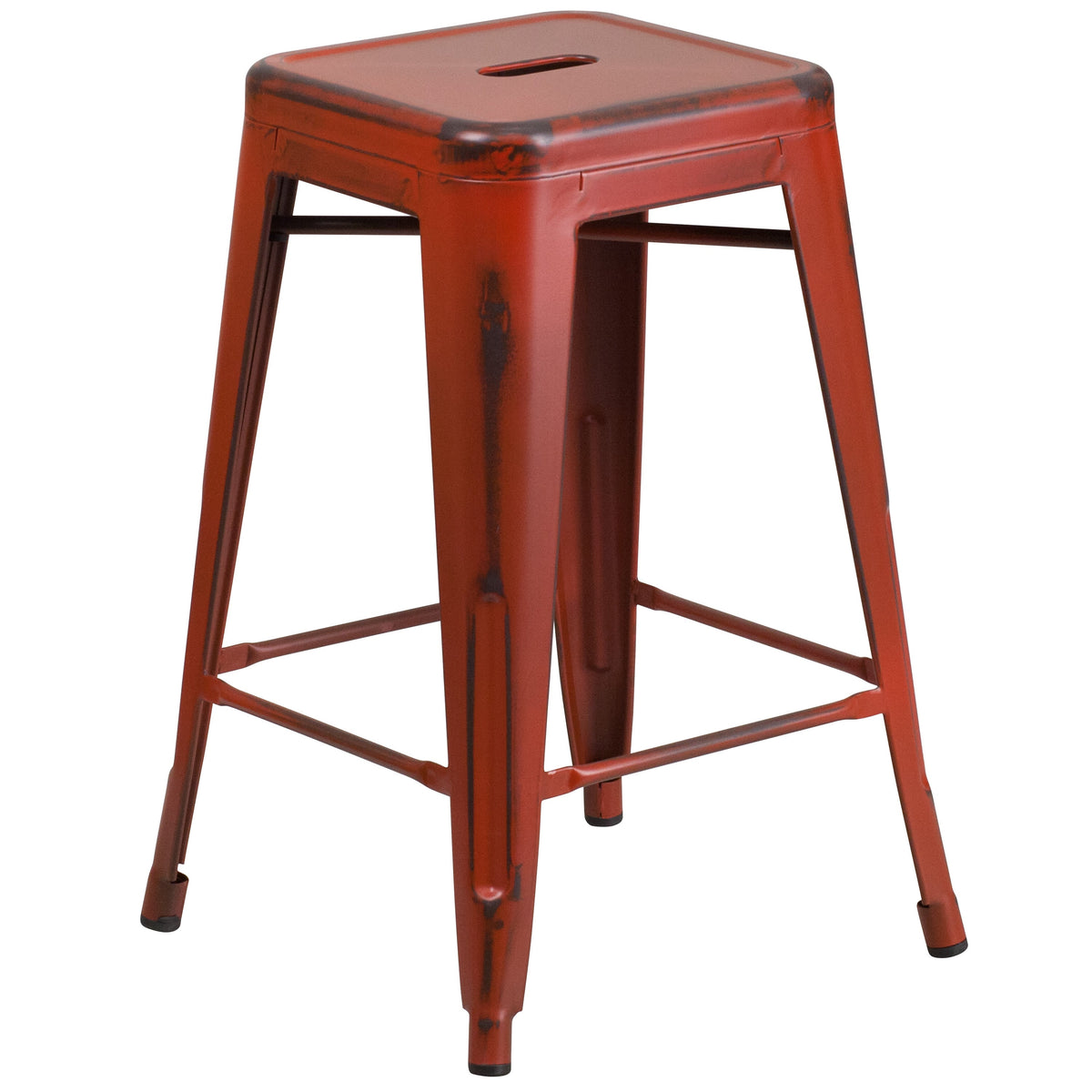 Kelly Red |#| 24inch High Backless Distressed Kelly Red Metal Indoor-Outdoor Counter Height Stool