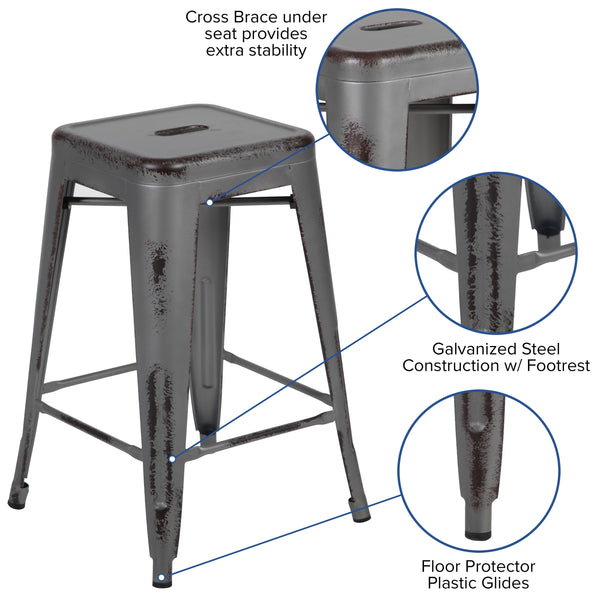 Silver Gray |#| 24inchH Backless Distressed Silver Gray Metal Indoor-Outdoor Counter Dining Stool