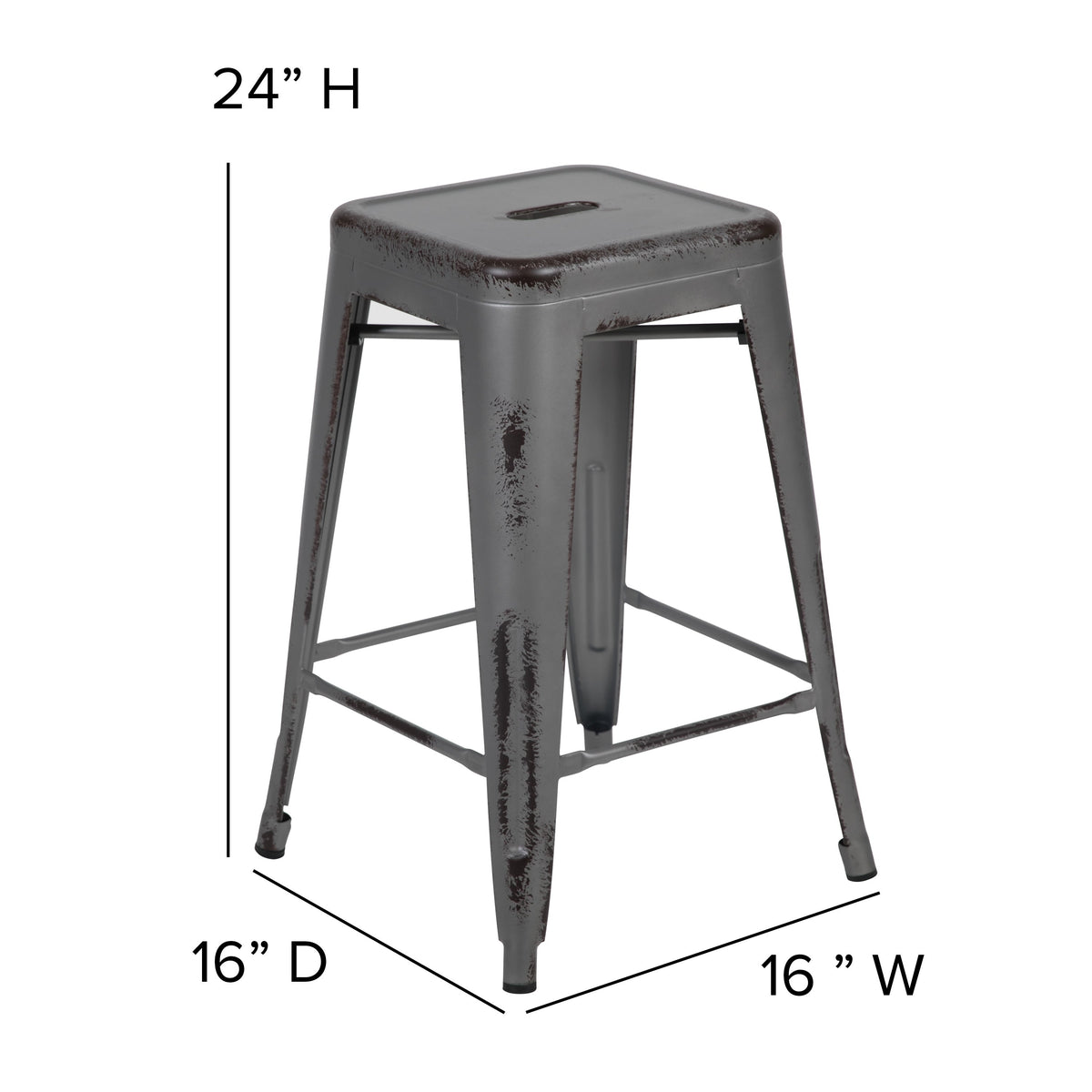 Silver Gray |#| 24inchH Backless Distressed Silver Gray Metal Indoor-Outdoor Counter Dining Stool
