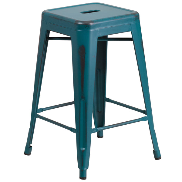 Kelly Blue-Teal |#| 24inchH Backless Aged Kelly Blue-Teal Metal Indoor-Outdoor Counter Height Stool