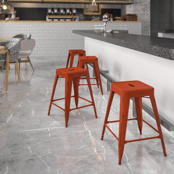 Kelly Red |#| 24inch High Backless Distressed Kelly Red Metal Indoor-Outdoor Counter Height Stool