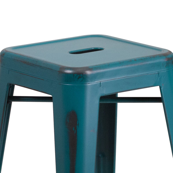 Kelly Blue-Teal |#| 24inchH Backless Aged Kelly Blue-Teal Metal Indoor-Outdoor Counter Height Stool