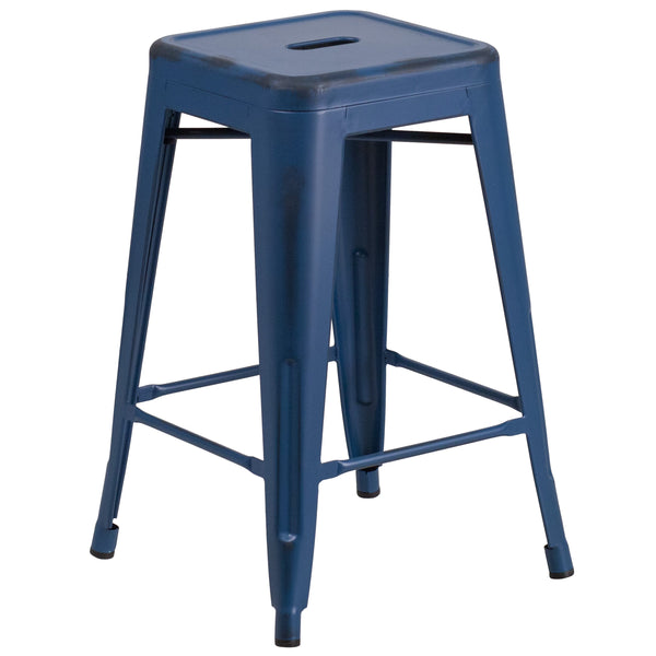 Antique Blue |#| 24inch High Backless Distressed Blue Metal Indoor-Outdoor Counter Height Stool