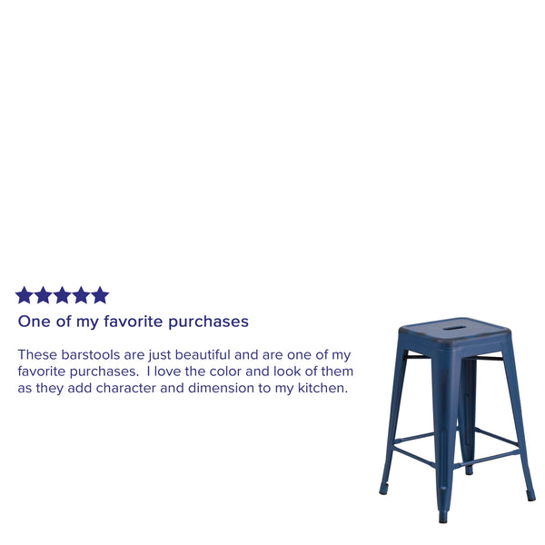 Antique Blue |#| 24inch High Backless Distressed Blue Metal Indoor-Outdoor Counter Height Stool