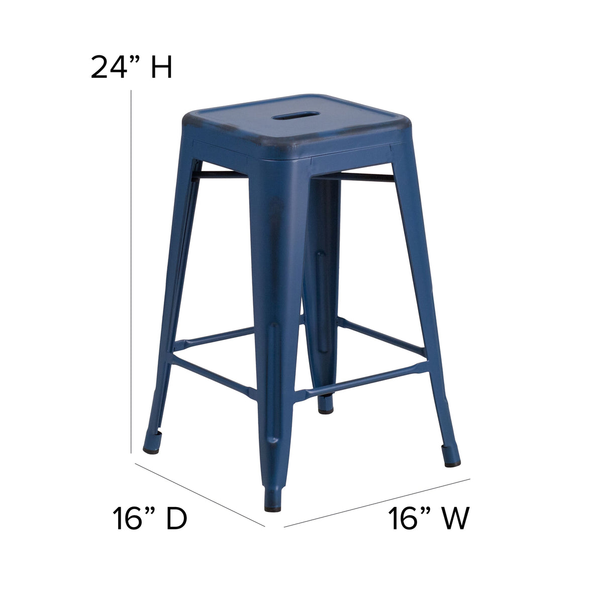 Antique Blue |#| 24inch High Backless Distressed Blue Metal Indoor-Outdoor Counter Height Stool