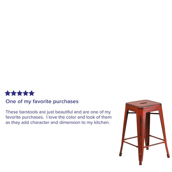 Kelly Red |#| 24inch High Backless Distressed Kelly Red Metal Indoor-Outdoor Counter Height Stool