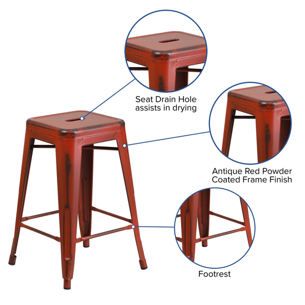 Kelly Red |#| 24inch High Backless Distressed Kelly Red Metal Indoor-Outdoor Counter Height Stool