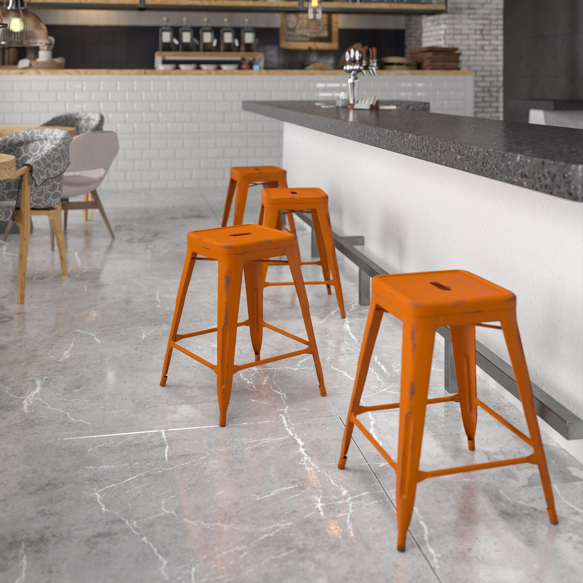 Orange |#| 24inch High Backless Distressed Orange Metal Indoor-Outdoor Counter Height Stool