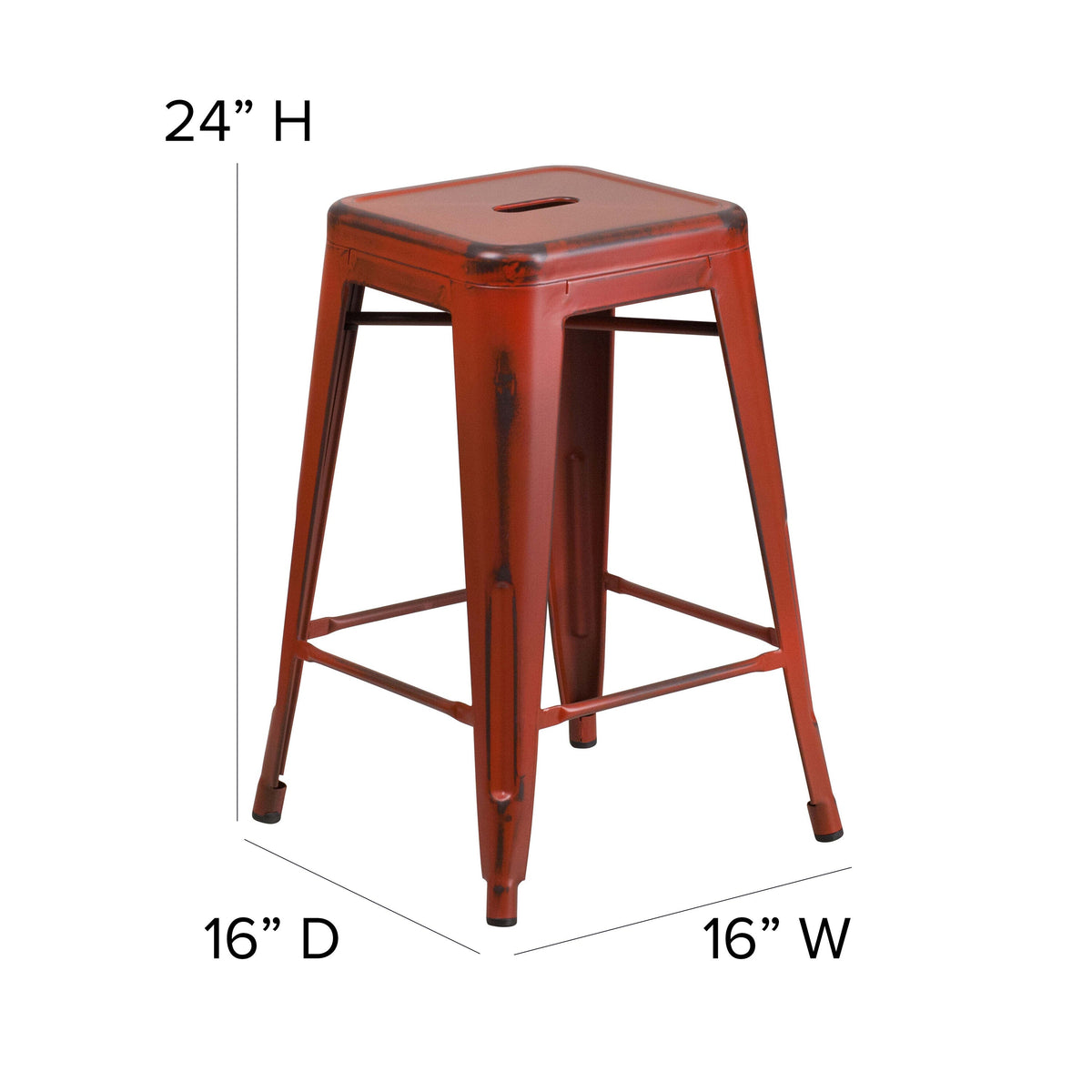 Kelly Red |#| 24inch High Backless Distressed Kelly Red Metal Indoor-Outdoor Counter Height Stool