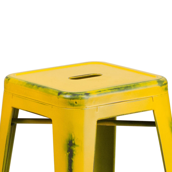 Yellow |#| 24inch High Backless Distressed Yellow Metal Indoor-Outdoor Counter Height Stool