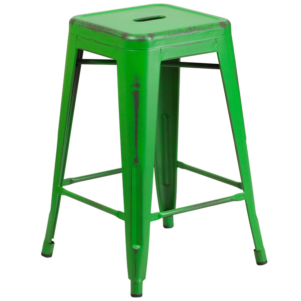 Green |#| 24inch High Backless Distressed Green Metal Indoor-Outdoor Counter Height Stool