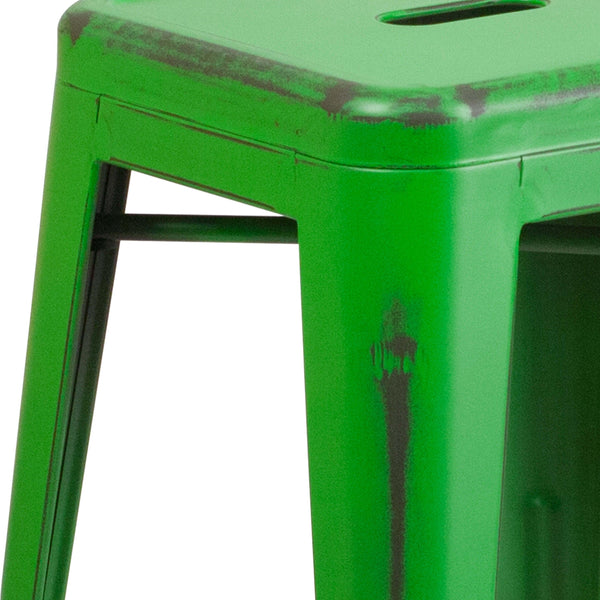 Green |#| 24inch High Backless Distressed Green Metal Indoor-Outdoor Counter Height Stool