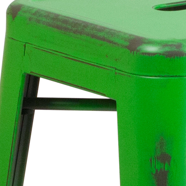Green |#| 24inch High Backless Distressed Green Metal Indoor-Outdoor Counter Height Stool