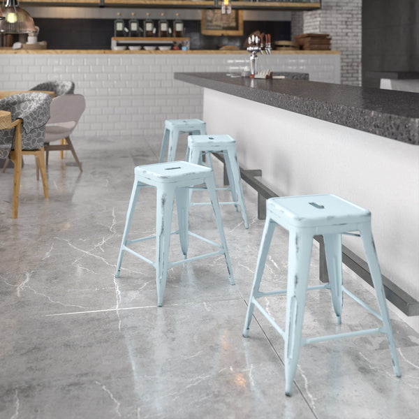 Green-Blue |#| 24inchH Backless Distressed Green-Blue Metal Indoor-Outdoor Counter Height Stool