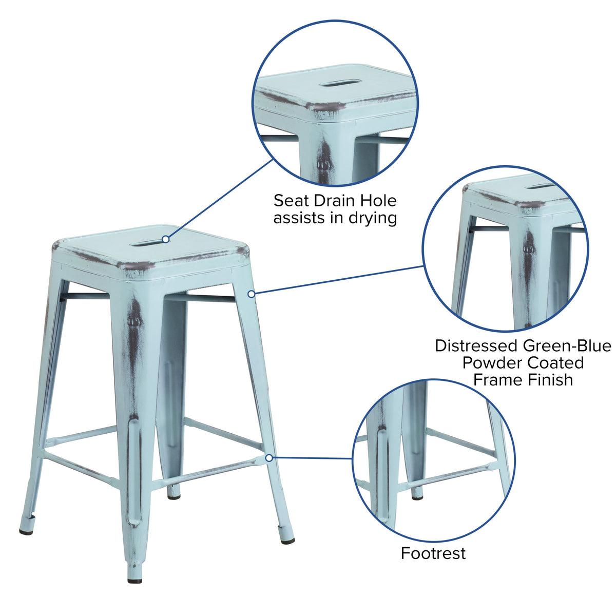 Green-Blue |#| 24inchH Backless Distressed Green-Blue Metal Indoor-Outdoor Counter Height Stool