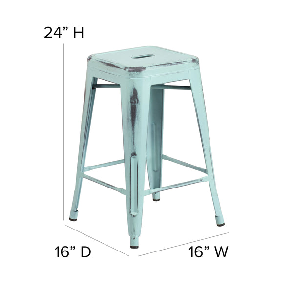 Green-Blue |#| 24inchH Backless Distressed Green-Blue Metal Indoor-Outdoor Counter Height Stool