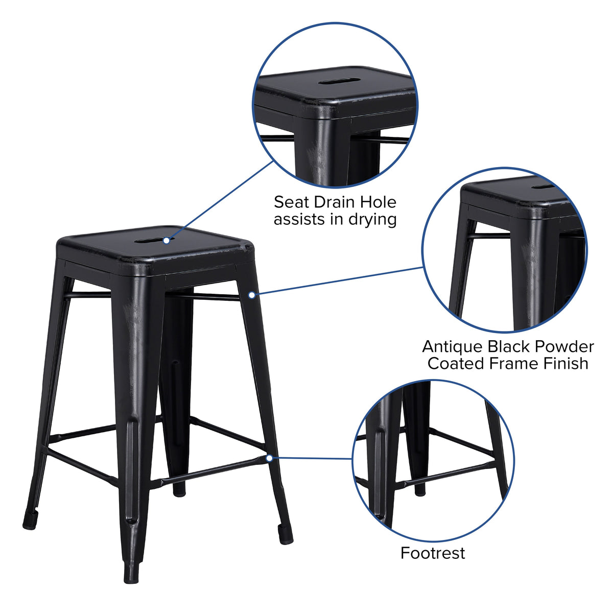 Black |#| 24inch High Backless Distressed Black Metal Indoor-Outdoor Counter Height Stool