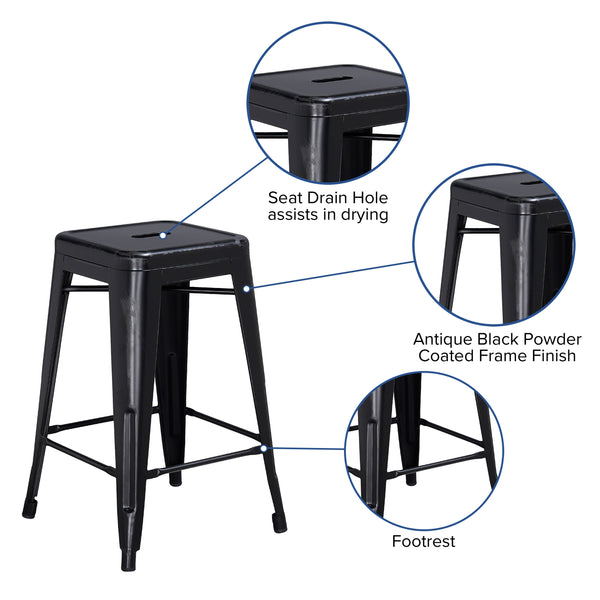 Black |#| 24inch High Backless Distressed Black Metal Indoor-Outdoor Counter Height Stool