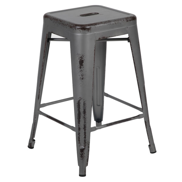 Silver Gray |#| 24inchH Backless Distressed Silver Gray Metal Indoor-Outdoor Counter Dining Stool