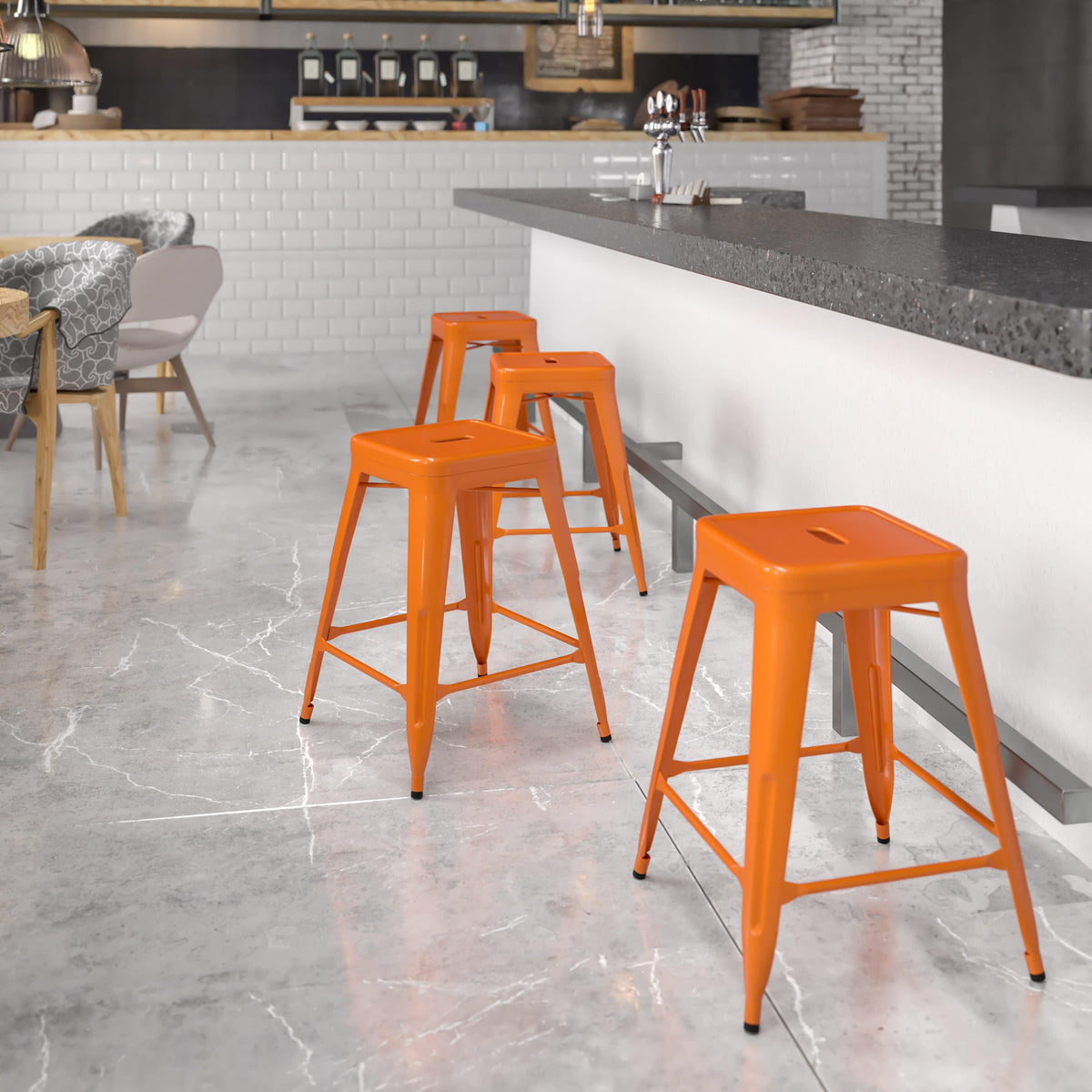 Orange |#| Commercial Grade 24inchH Backless Orange Metal Indoor-Outdoor Counter Height Stool