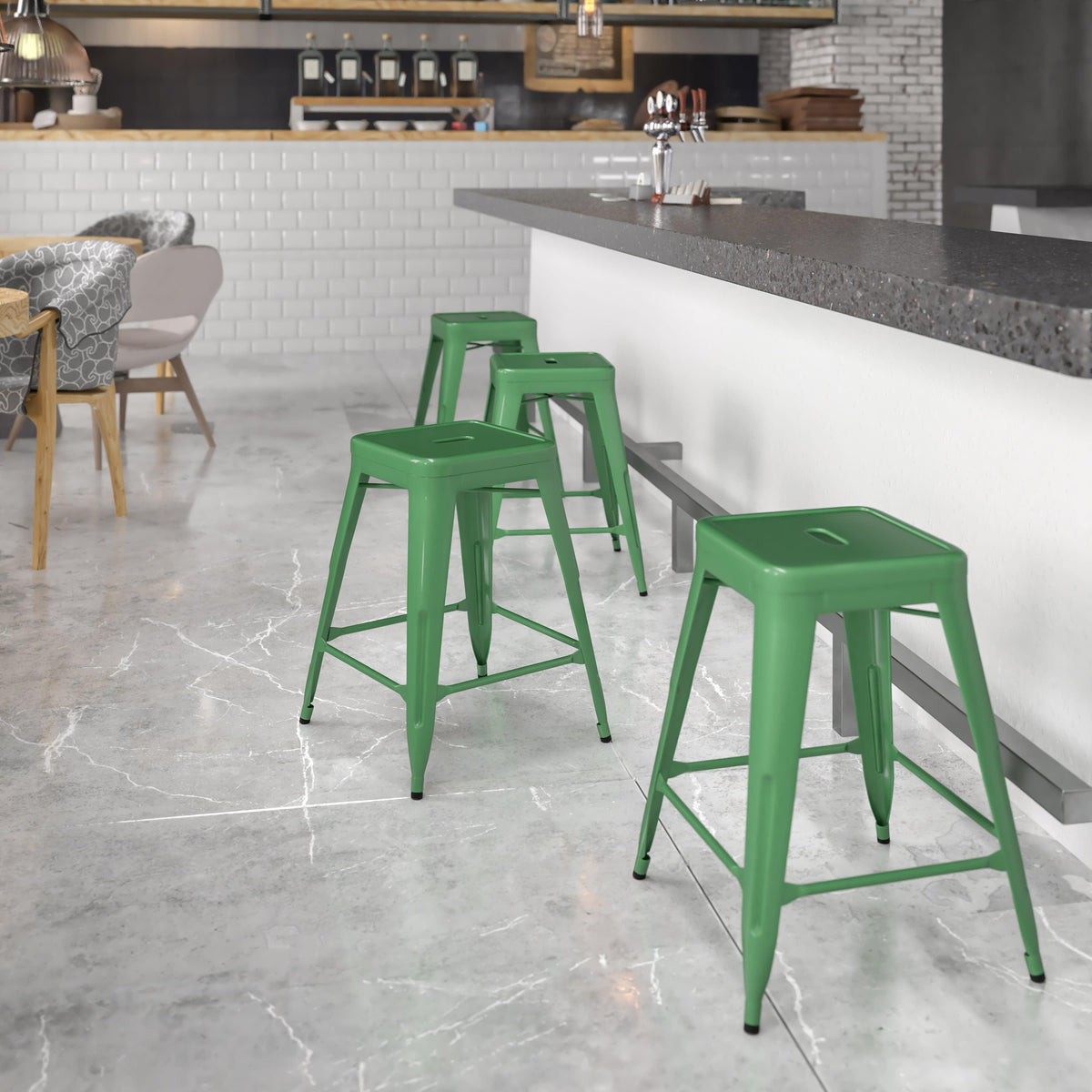 Green |#| Commercial Grade 24inchH Backless Green Metal Indoor-Outdoor Counter Height Stool
