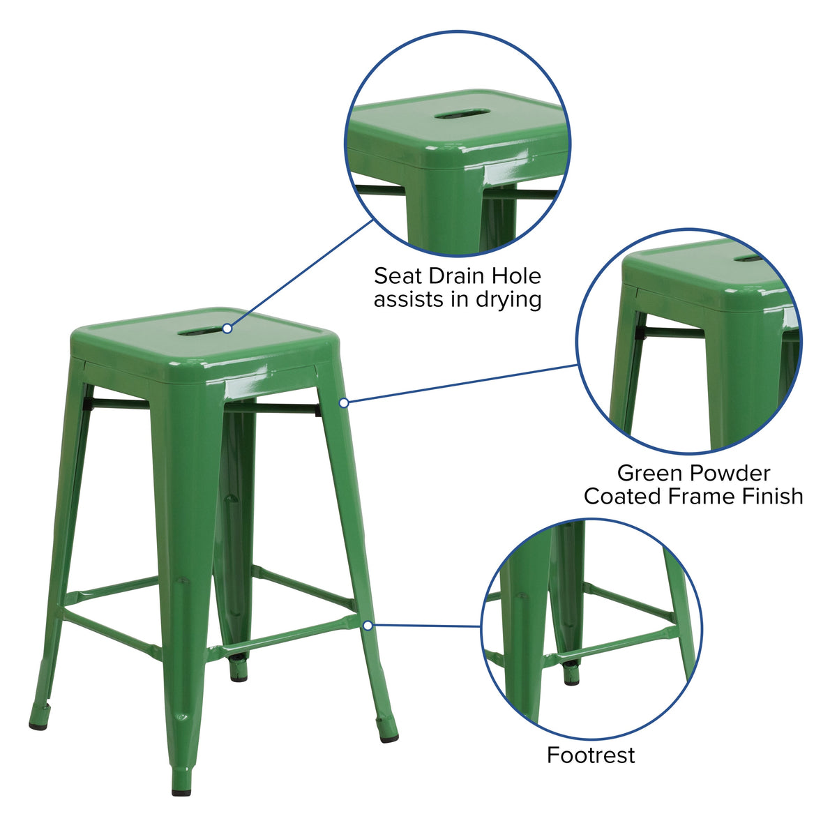 Green |#| Commercial Grade 24inchH Backless Green Metal Indoor-Outdoor Counter Height Stool