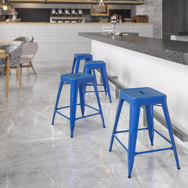 Blue |#| Commercial Grade 24inchH Backless Blue Metal Indoor-Outdoor Counter Height Stool