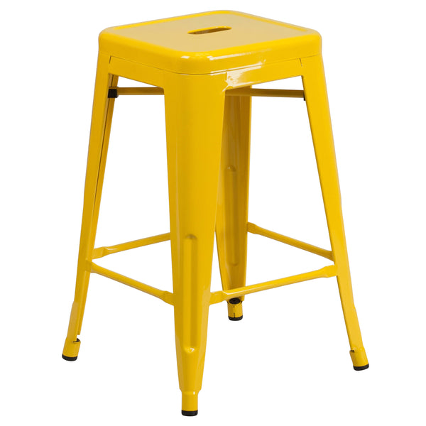 Yellow |#| Commercial Grade 24inchH Backless Yellow Metal Indoor-Outdoor Counter Height Stool