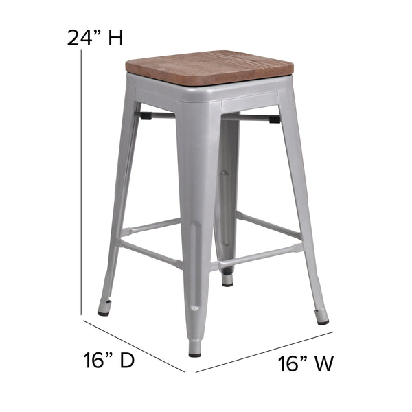 Silver |#| Commercial Grade 24inchH Backless Silver Metal Indoor-Outdoor Counter Height Stool