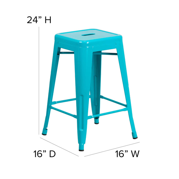 Crystal Teal-Blue |#| 24inch High Backless Crystal Teal-Blue Indoor-Outdoor Counter Height Stool