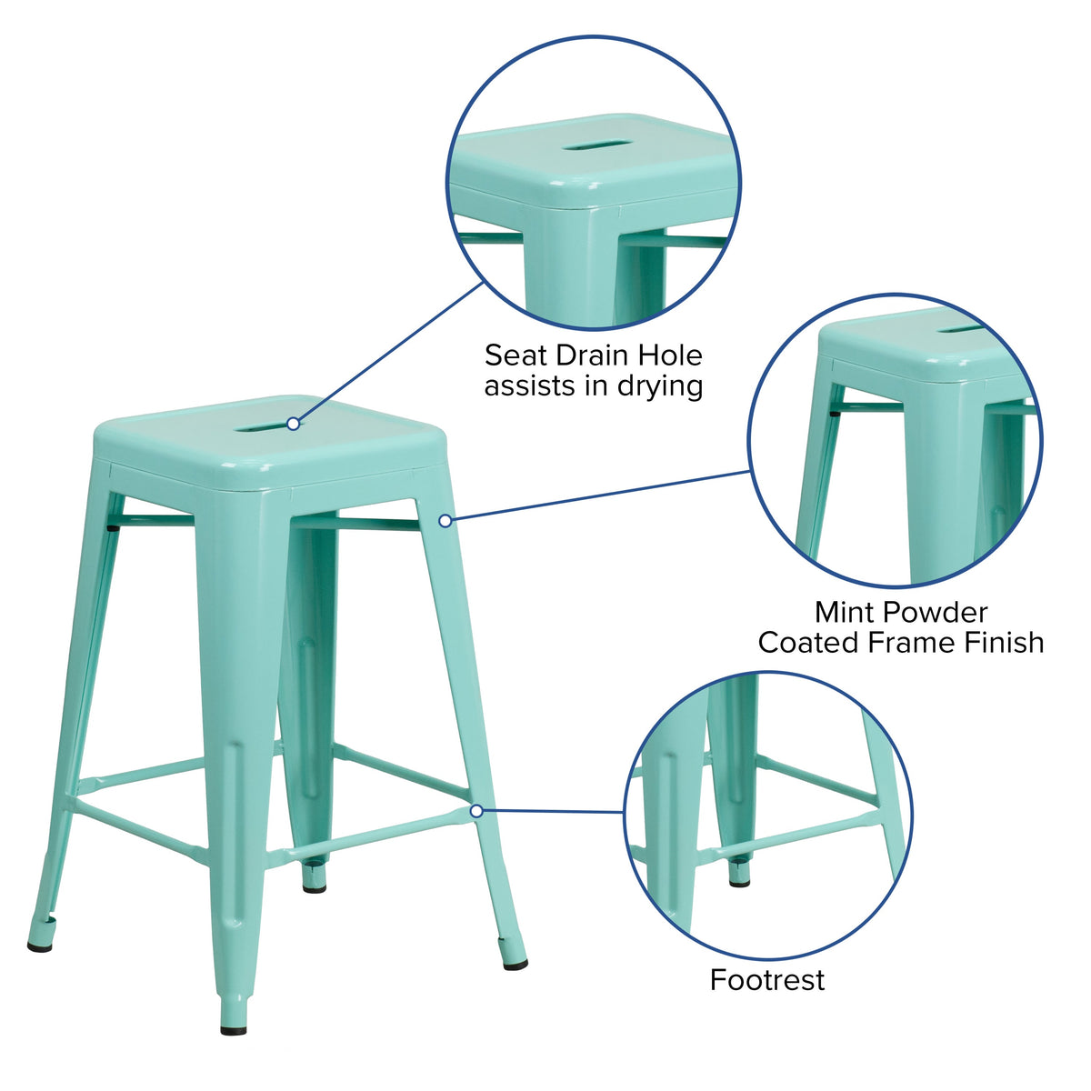 Mint Green |#| 24inch High Backless Mint Green Indoor-Outdoor Counter Height Stool