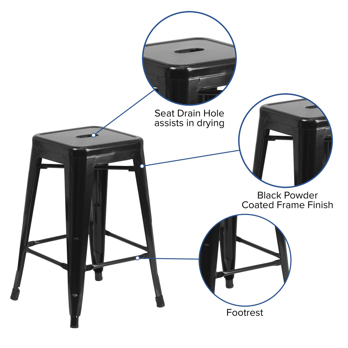 Black |#| Commercial Grade 24inchH Backless Black Metal Indoor-Outdoor Counter Height Stool