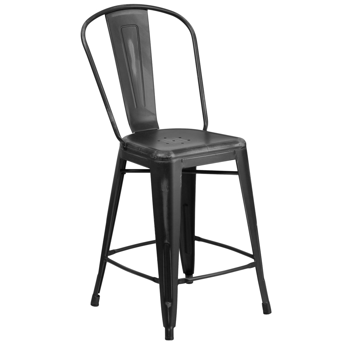 Black |#| 24inch High Distressed Black Metal Indoor-Outdoor Counter Height Stool with Back
