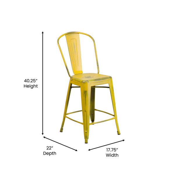 Yellow |#| 24inch High Distressed Yellow Metal Indoor-Outdoor Counter Height Stool with Back