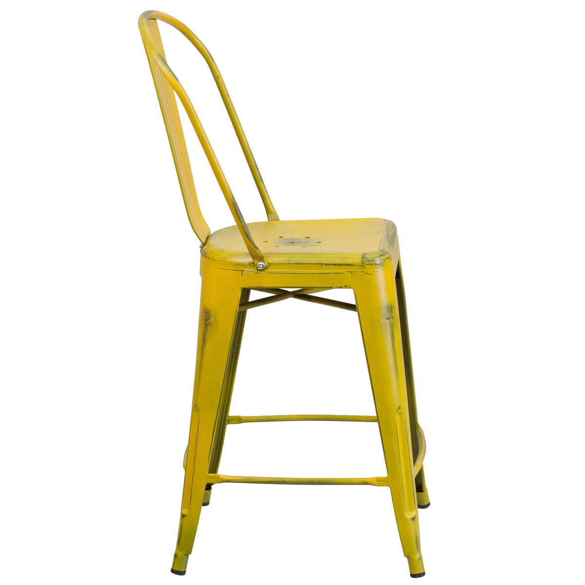 Yellow |#| 24inch High Distressed Yellow Metal Indoor-Outdoor Counter Height Stool with Back