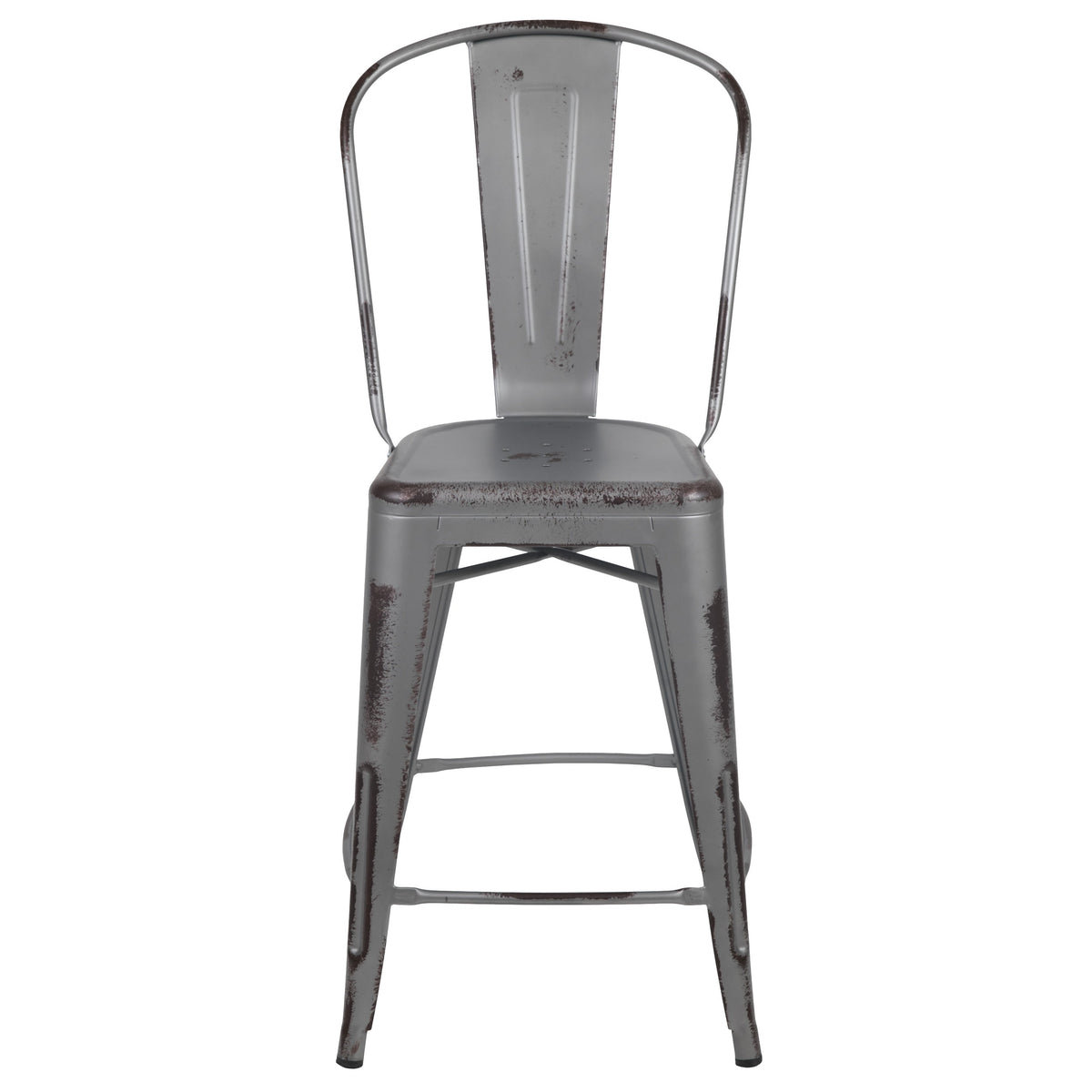 Silver Gray |#| 24inchH Distressed Silver Gray Metal Indoor-Outdoor Counter Dining Stool with Back